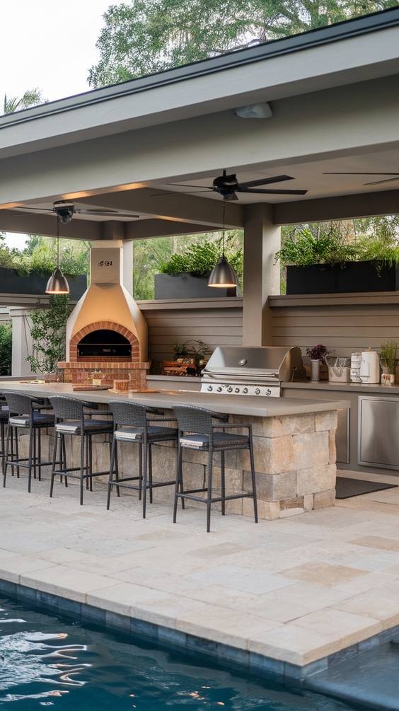 Pool Pavilion Ideas for Outdoor Living with Bar, Kitchen, Fireplace & More