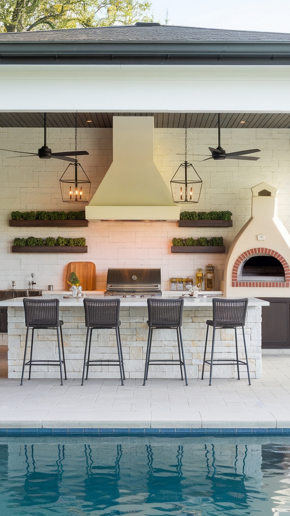 Pool Pavilion Ideas for Outdoor Living with Bar, Kitchen, Fireplace & More
