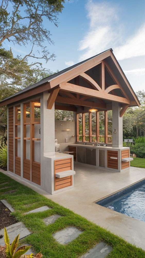 Pool Pavilion Ideas for Outdoor Living with Bar, Kitchen, Fireplace & More
