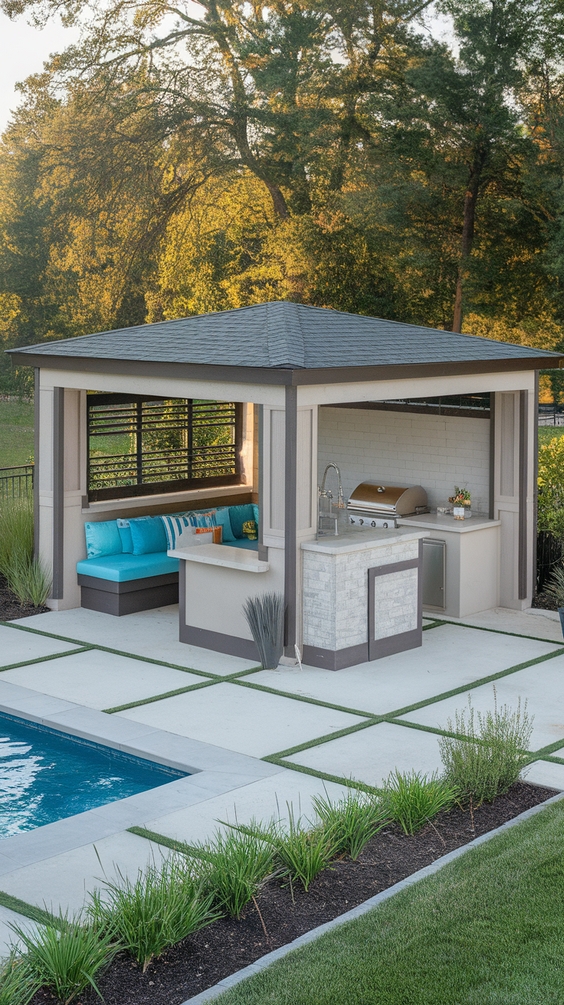 Pool Pavilion Ideas for Outdoor Living with Bar, Kitchen, Fireplace & More
