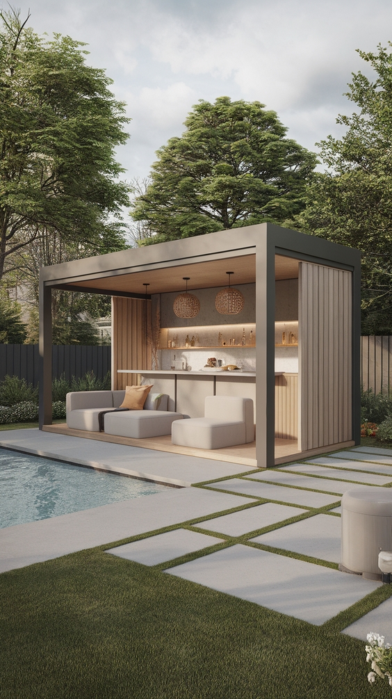 Pool Pavilion Ideas for Outdoor Living with Bar, Kitchen, Fireplace & More