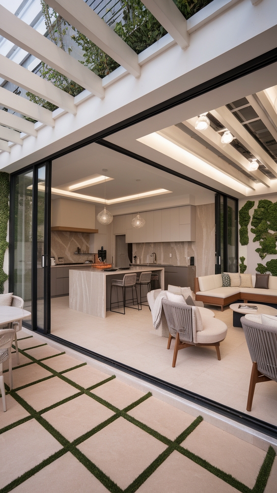 Indoor Outdoor Living Room Ideas with Sliding Doors, Rugs, and Modern Glass Wall Designs