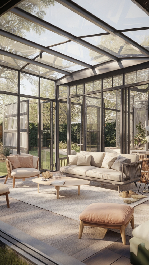 Indoor Outdoor Living Room Ideas with Sliding Doors, Rugs, and Modern Glass Wall Designs