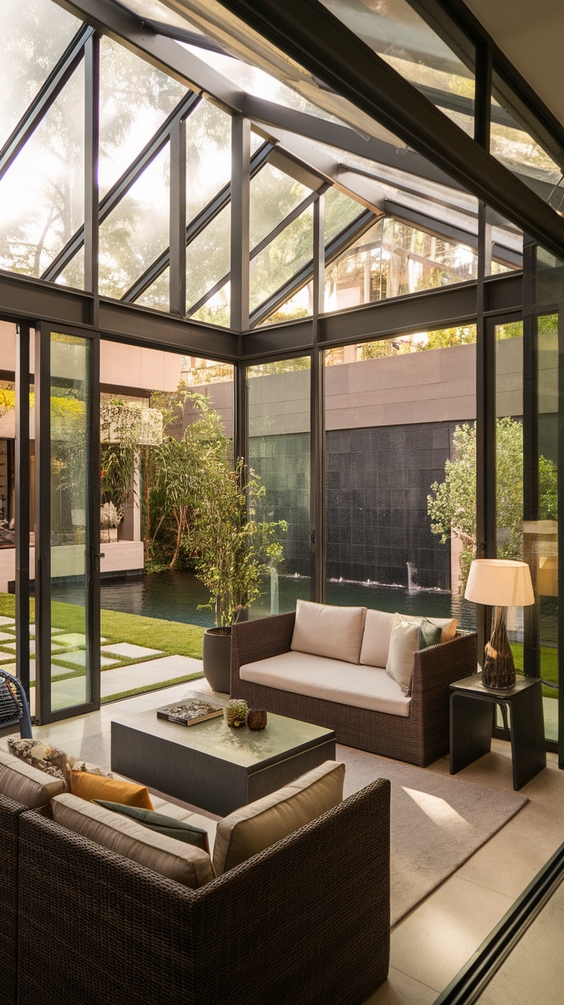 Indoor Outdoor Living Room Ideas with Sliding Doors, Rugs, and Modern Glass Wall Designs