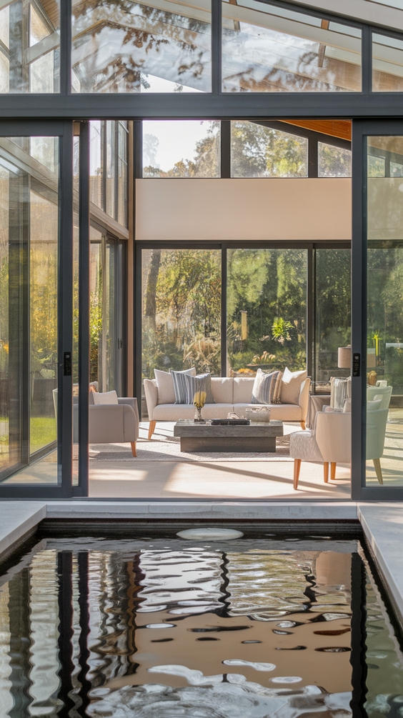 Indoor Outdoor Living Room Ideas with Sliding Doors, Rugs, and Modern Glass Wall Designs