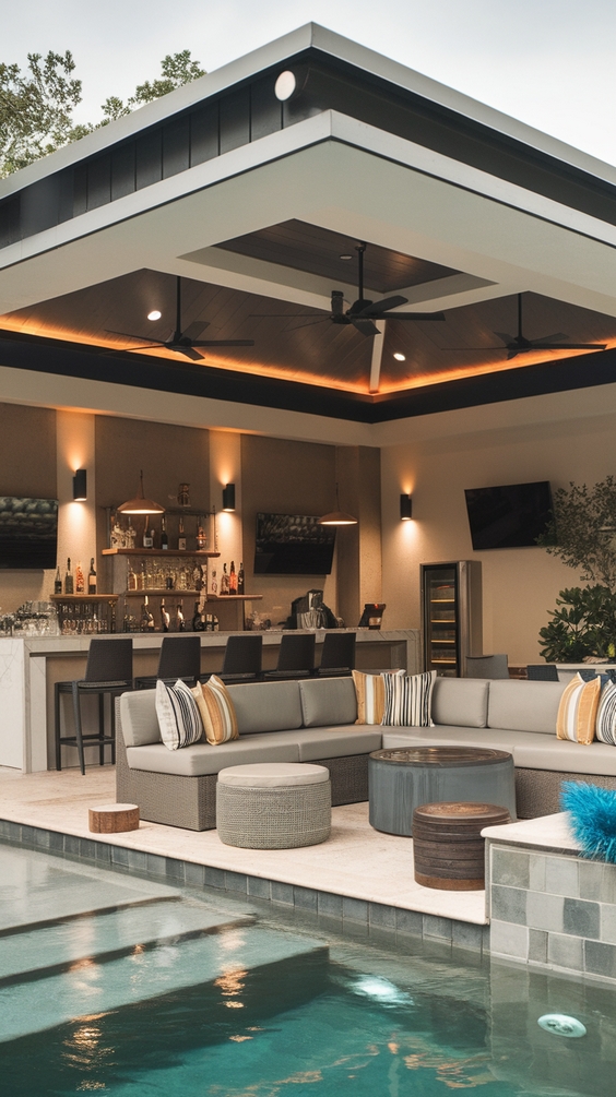 Pool Pavilion Ideas for Outdoor Living with Bar, Kitchen, Fireplace & More