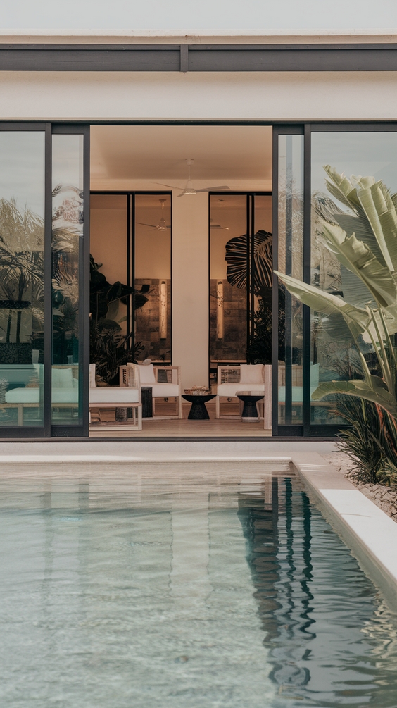 Indoor Outdoor Living Room Ideas with Sliding Doors, Rugs, and Modern Glass Wall Designs
