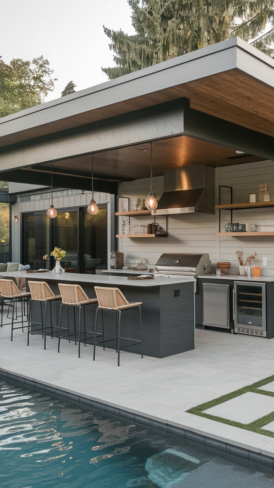 Pool Pavilion Ideas for Outdoor Living with Bar, Kitchen, Fireplace & More