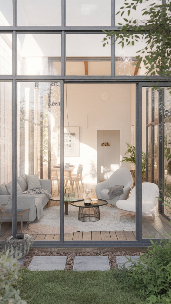 Indoor Outdoor Living Room Ideas with Sliding Doors, Rugs, and Modern Glass Wall Designs