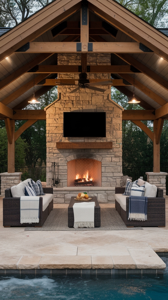 Pool Pavilion Ideas for Outdoor Living with Bar, Kitchen, Fireplace & More