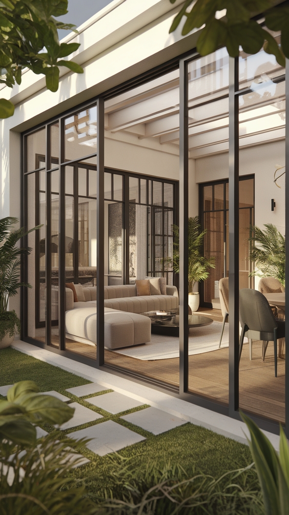 Indoor Outdoor Living Room Ideas with Sliding Doors, Rugs, and Modern Glass Wall Designs