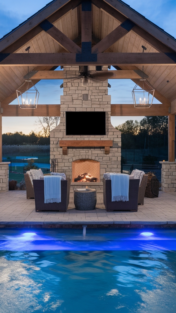 Pool Pavilion Ideas for Outdoor Living with Bar, Kitchen, Fireplace & More
