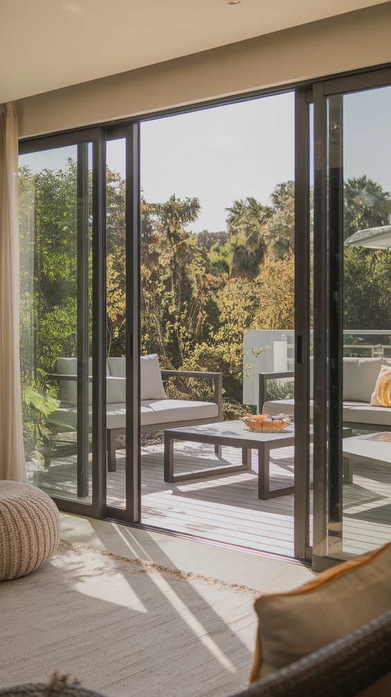 Indoor Outdoor Living Room Ideas with Sliding Doors, Rugs, and Modern Glass Wall Designs