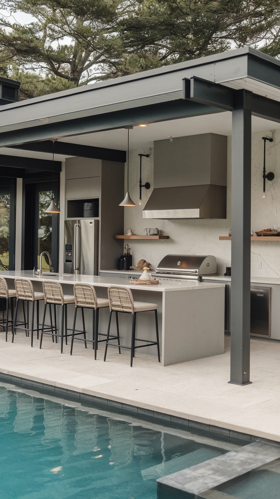 Pool Pavilion Ideas for Outdoor Living with Bar, Kitchen, Fireplace & More