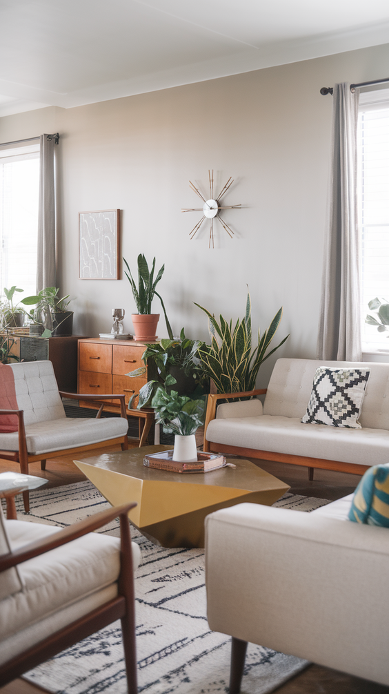 Mid Century Moderns Living Room Ideas with Cozy, Boho, and Scandinavian Interior Design Touches