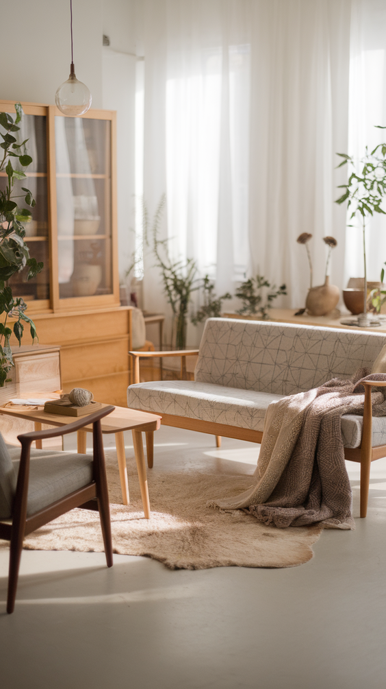 Mid Century Moderns Living Room Ideas with Cozy, Boho, and Scandinavian Interior Design Touches