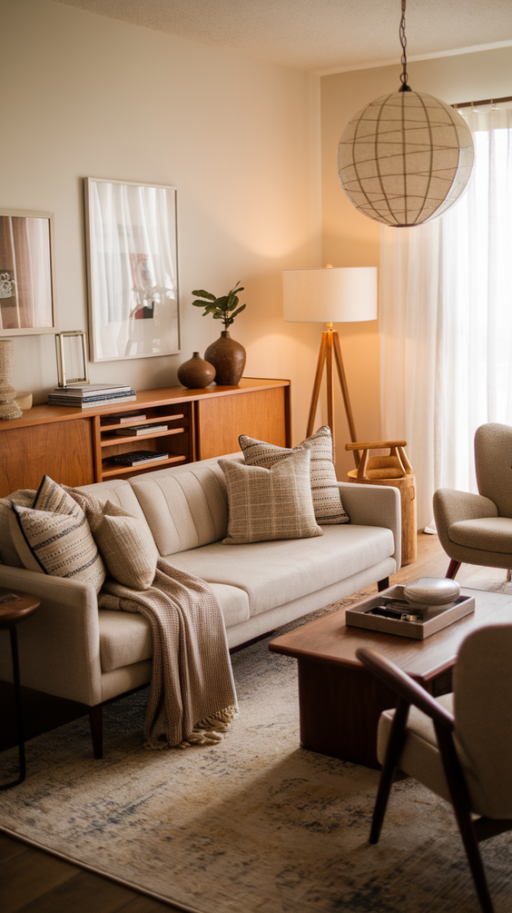 Mid Century Moderns Living Room Ideas with Cozy, Boho, and Scandinavian Interior Design Touches