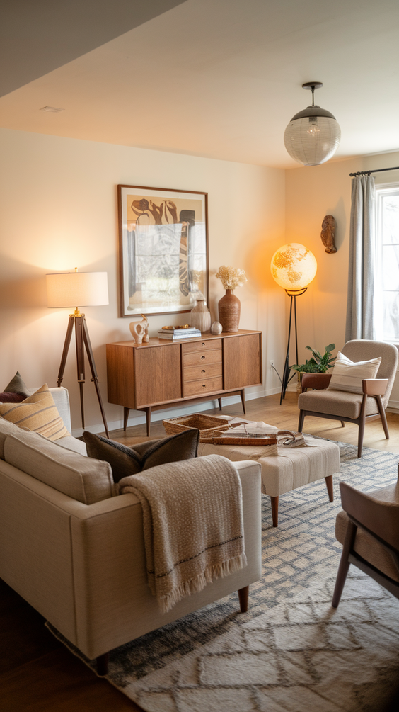 Mid Century Moderns Living Room Ideas with Cozy, Boho, and Scandinavian Interior Design Touches