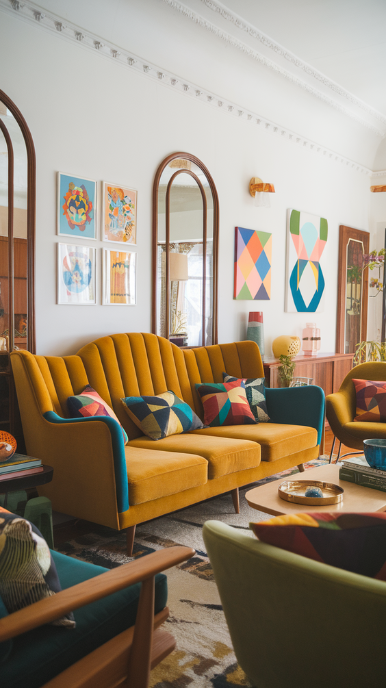 Mid Century Moderns Living Room Ideas with Cozy, Boho, and Scandinavian Interior Design Touches