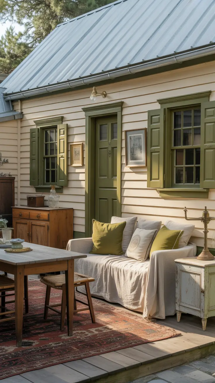 Vintage-Inspired Farmhouse with Cream and Olive Green Details